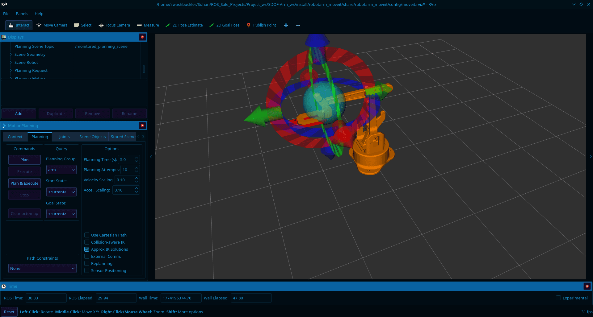 3-DOF Robotic Arm Simulation with ROS 2 + Gazebo + Moveit